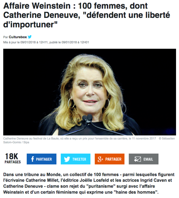 Affaire Weinstein : 100 femmes, dont Catherine Deneuve, "défendent une liberté d'importuner"